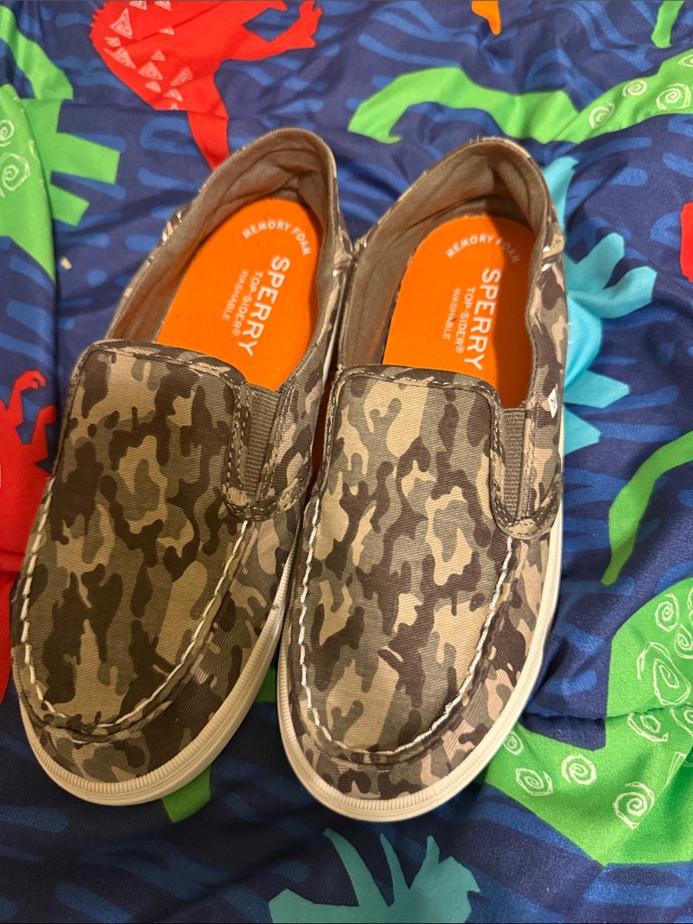 Sperry Kids Camo Slip-On Sneakers in Olive and Brown